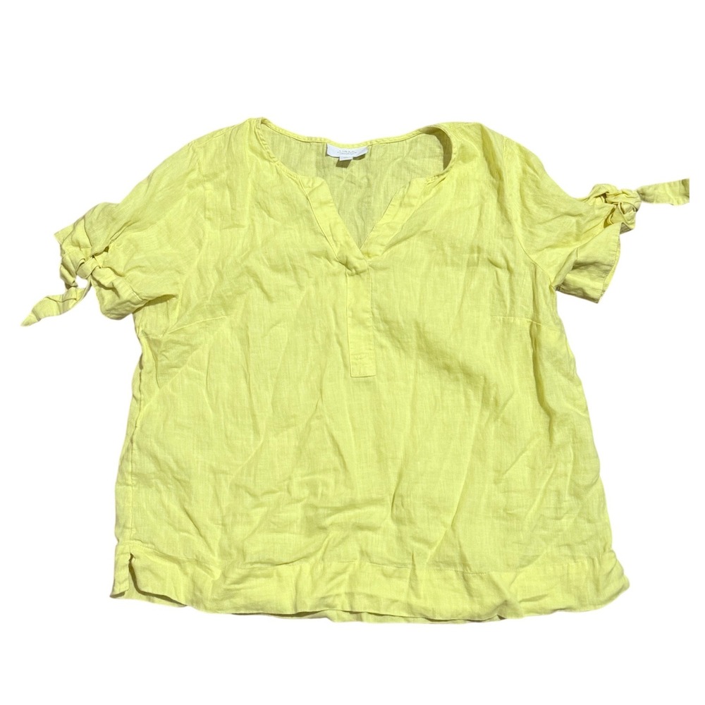 Charter Club Luxury Yellow 100% Linen Tie Sleeve Split Neck Blouse Top Large L